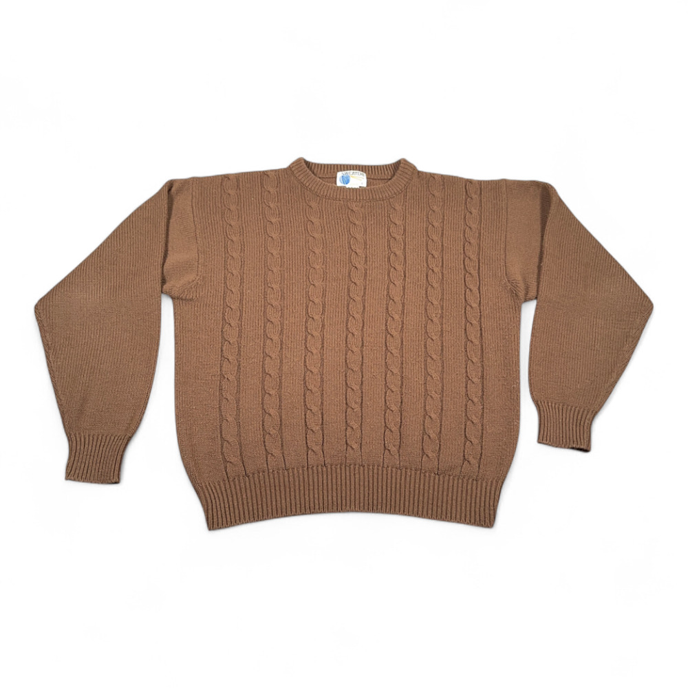 Vintage Kmart Sweater Adult MEDIUM Brown Cable Knit Fisherman Dad Preppy 80s